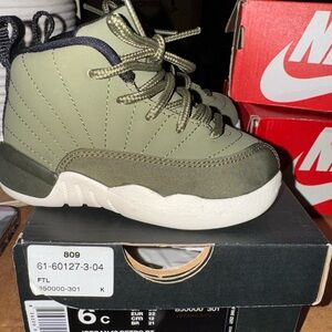Nike Air Jordan 12 Retro BT Kids' Olive and Black Sneakers - Size 6C